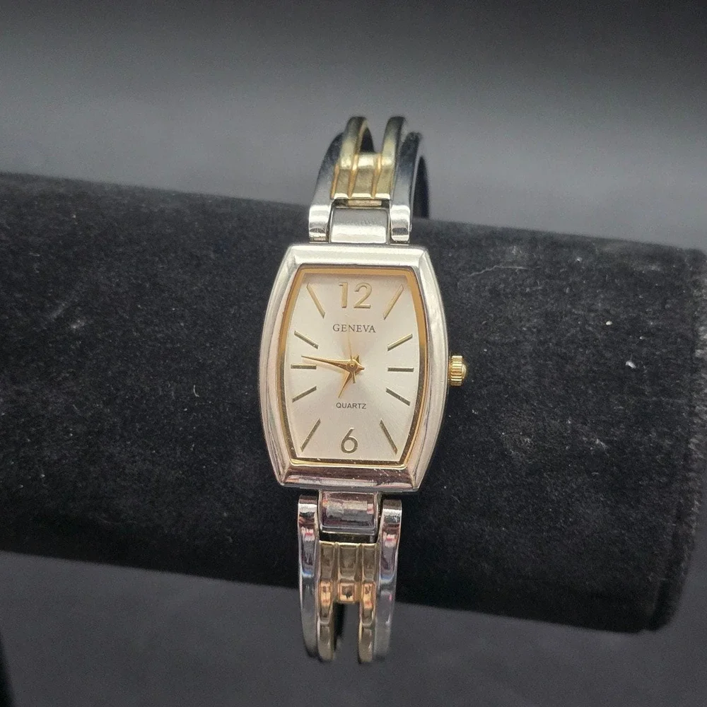 Women's Two Tone Cuff Watch Bracelet Quartz WORKS Working Geneva